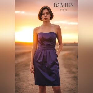 David's Bridal Black Satin Strapless Mini Party Dress Ruched Waist Back Zip Sz 4